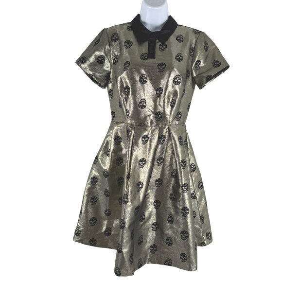 Modcloth Dress Size 6 Metallic Gold Black Skull Fit And Flare Party NWT DR-1842 - Picture 3 of 12